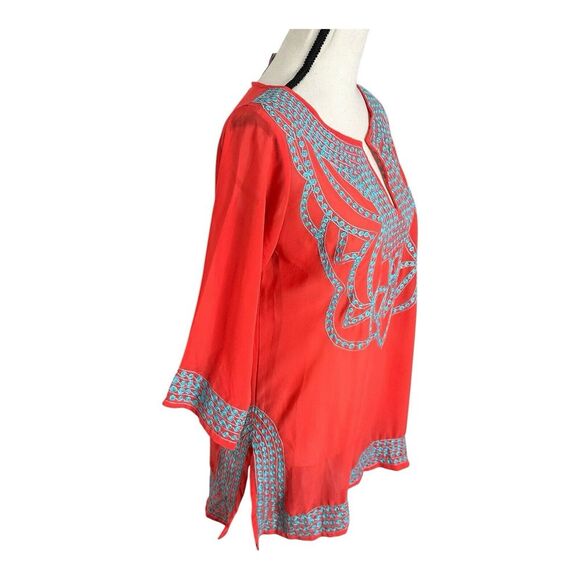 GRETCHEN SCOTT DESIGNS Red and Blue‎ Split Neck 3/4 Sleeve Tunic Top Size Small - Picture 3 of 14